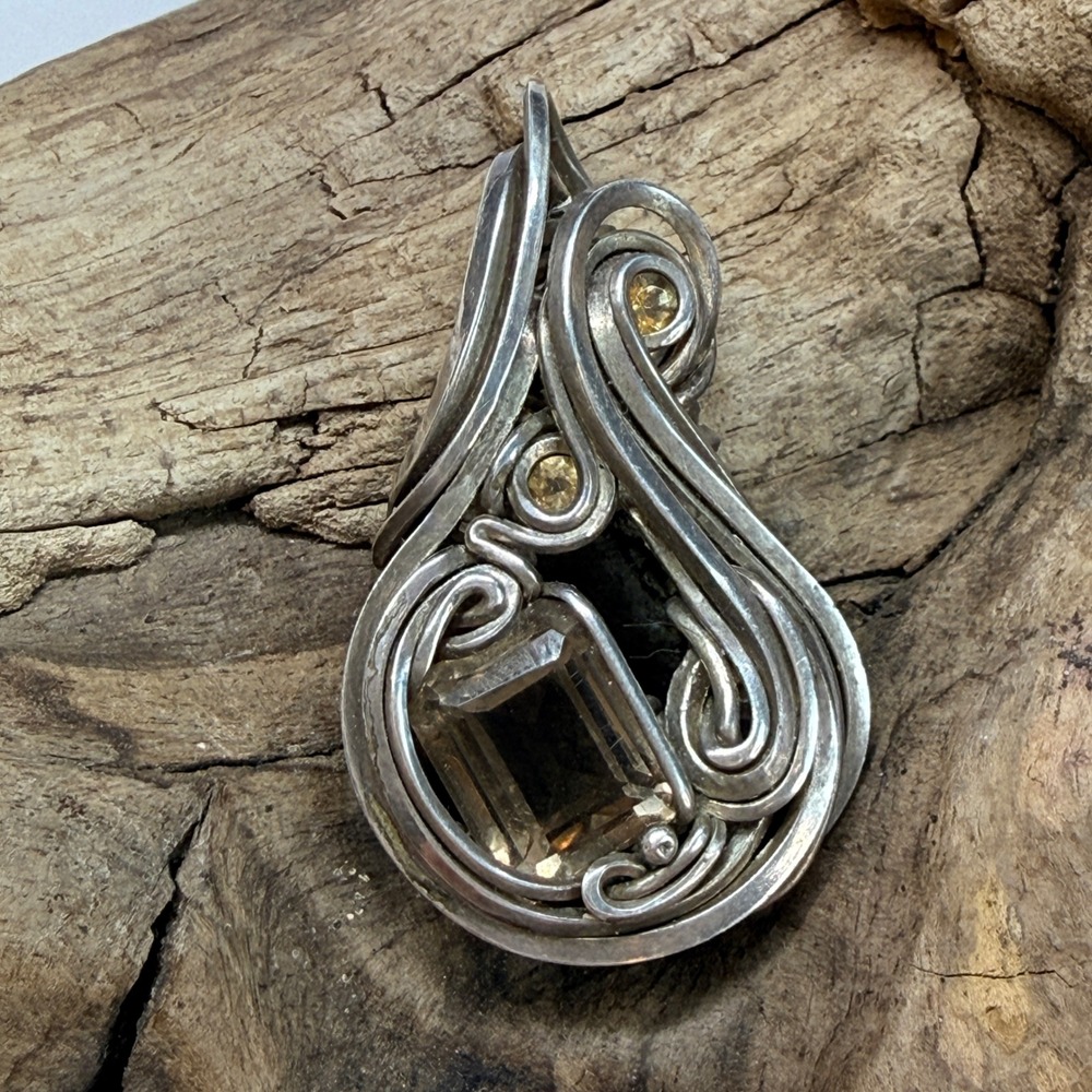 Artisan Sterling Silver Smoky Quartz Citrine Wire Wrapped Pendant 16.1g